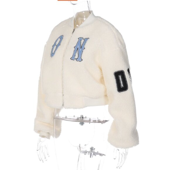 Cropped Sherpa Teddy Varsity Bomber Jacket - Picture 4 of 7